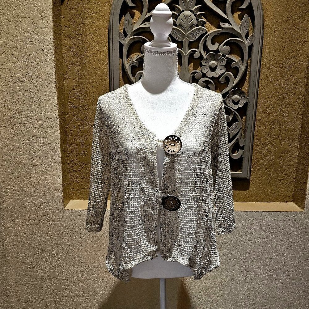 Nina Leonard Black Flecks & Cream Crochet Cardigan  Natural Wooden Buttons M